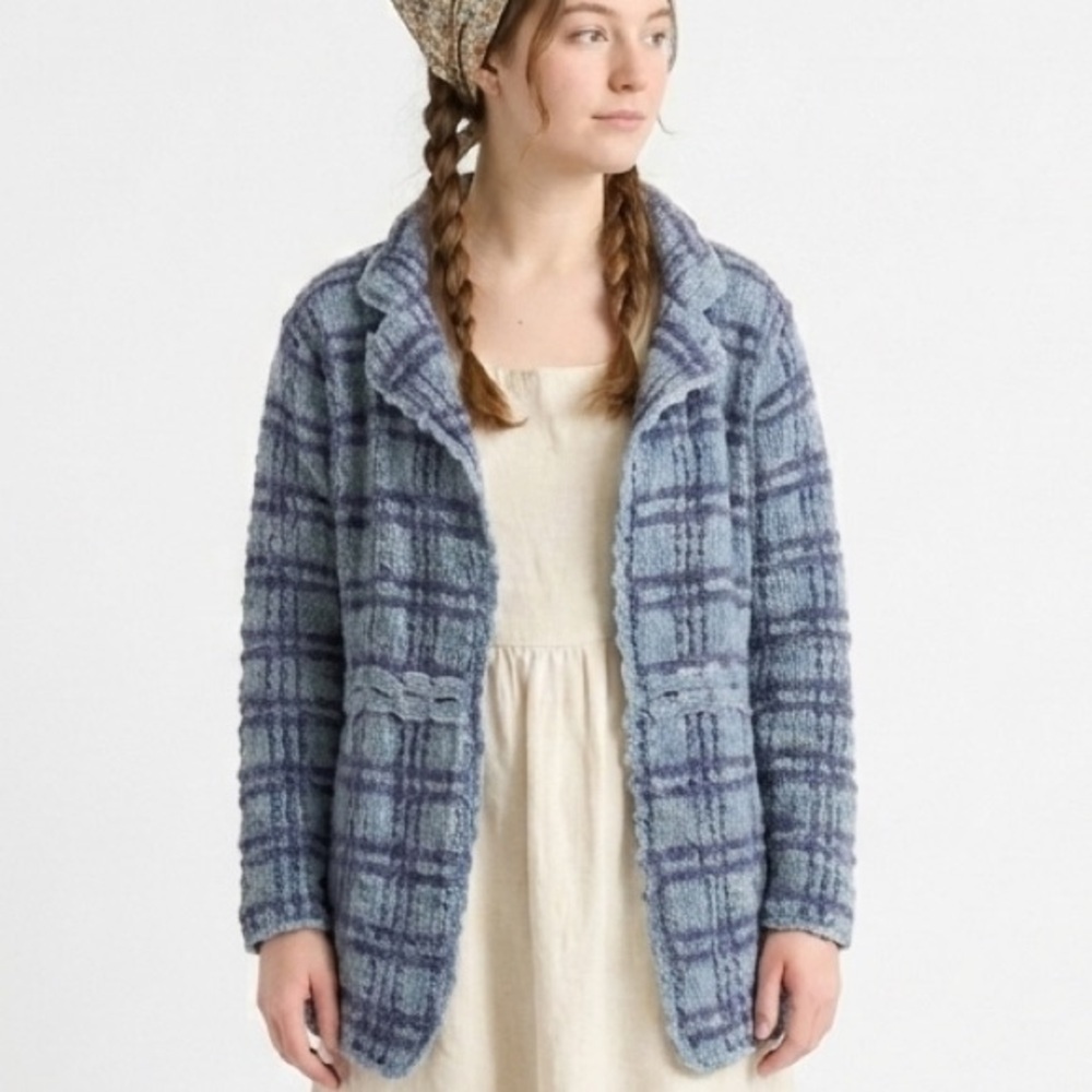 Modern Soul Cottagecore Blue Plaid Chunky Knit Cardigan Sweater Size Large